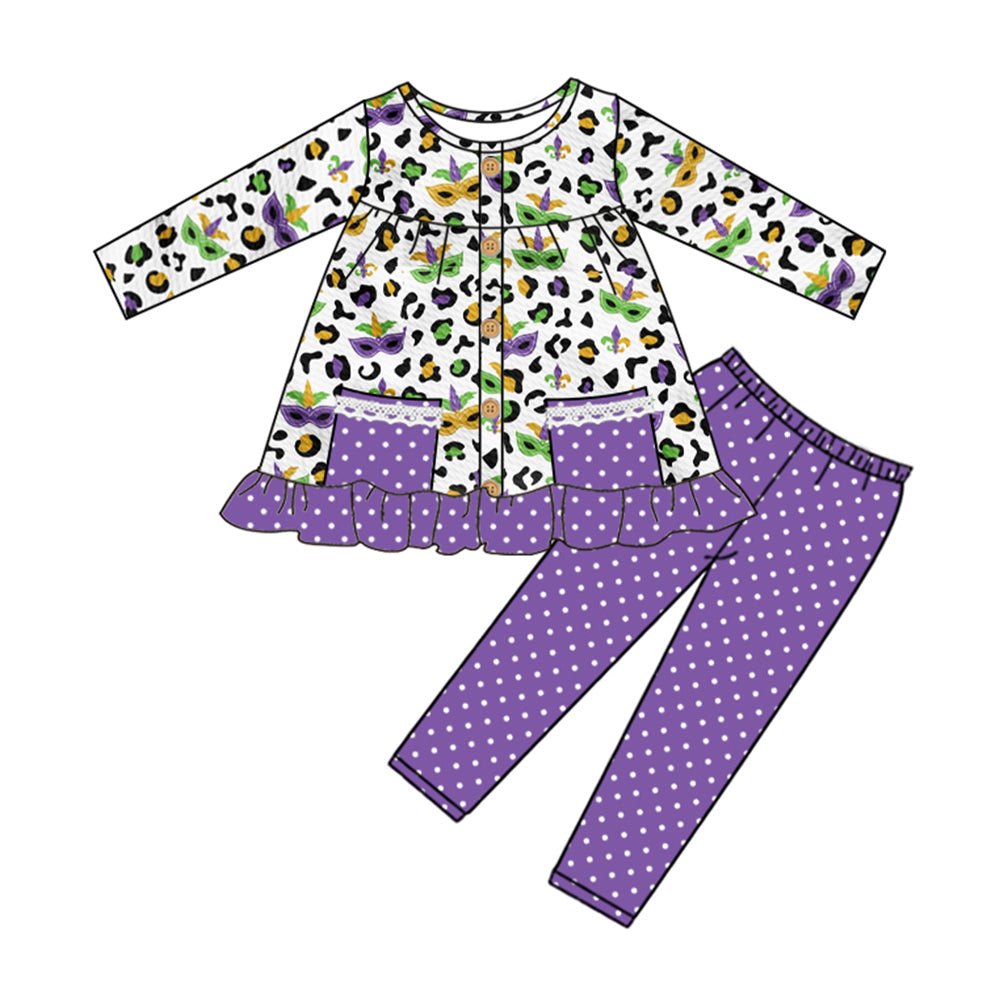 (Pre-order)GLP2125 Leopard Mask Tunic Top Purple Pants Girls Mardi Gras Clothes Set