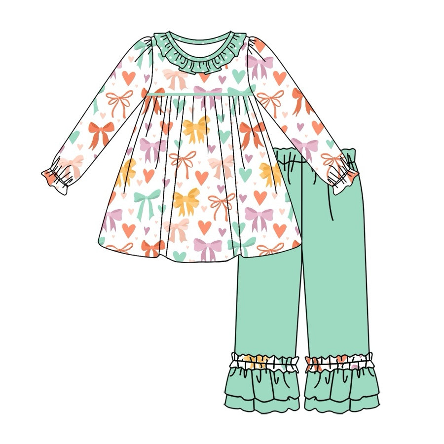 (Pre-order)GLP2134 Colorful Bows Hearts Tunic Top Green Pants Girls Valentine's Day Clothes Set