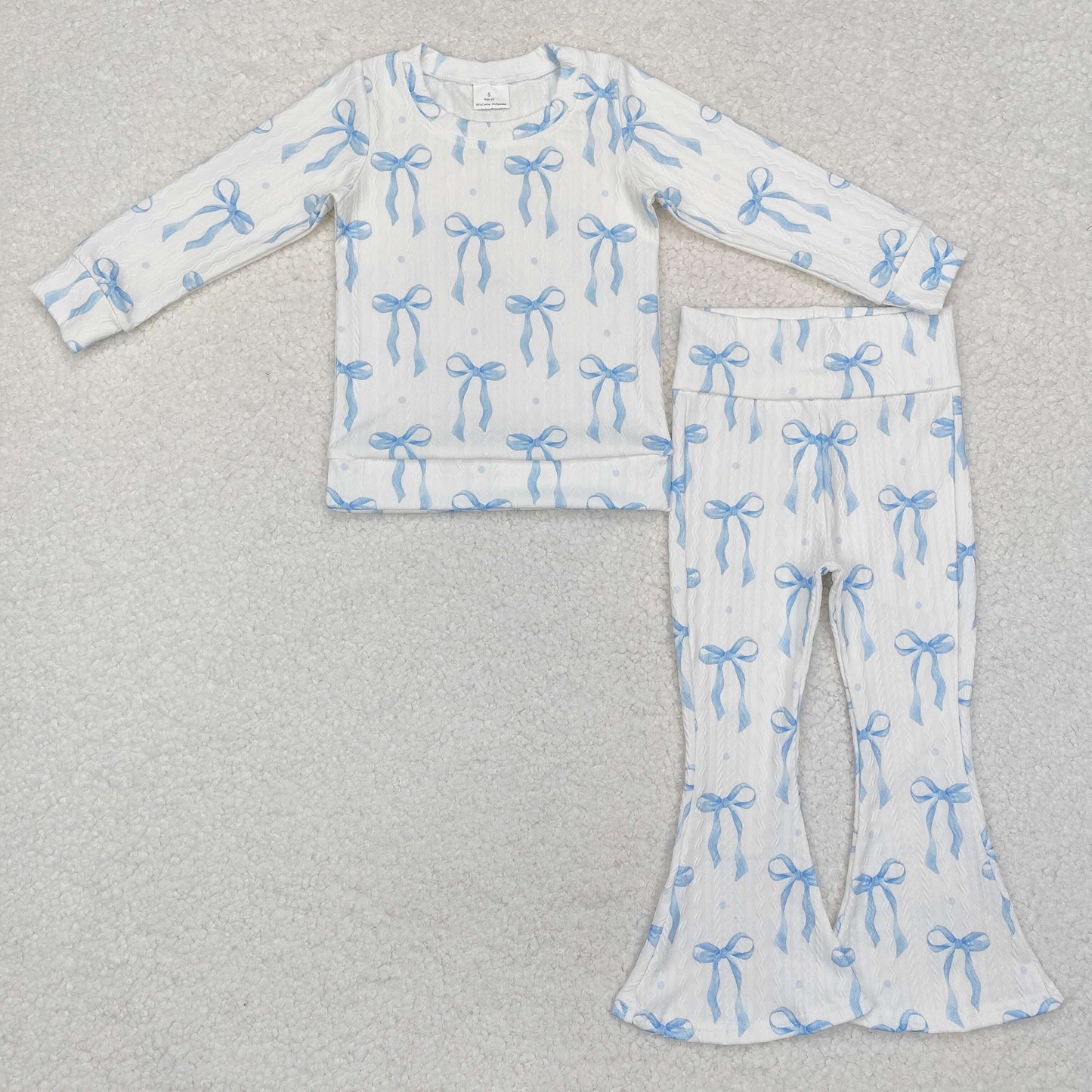 GLP2143 Blue Bows Print Bell Pants Girls Cable Knit Fabric Clothes Set