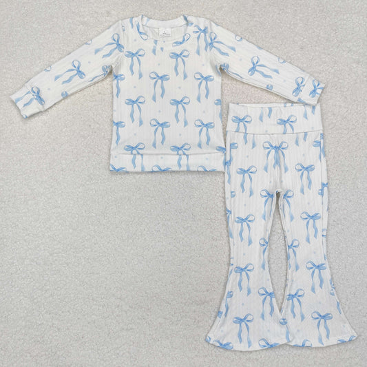 GLP2143 Blue Bows Print Bell Pants Girls Cable Knit Fabric Clothes Set