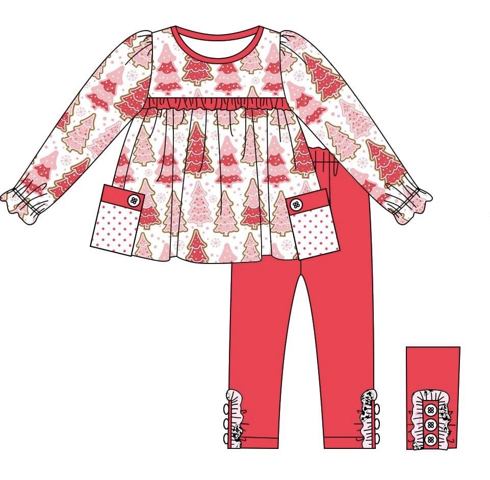 (Pre-order)GLP2157 Pink Trees Tunic Top Red Pants Girls Christmas Clothes Set
