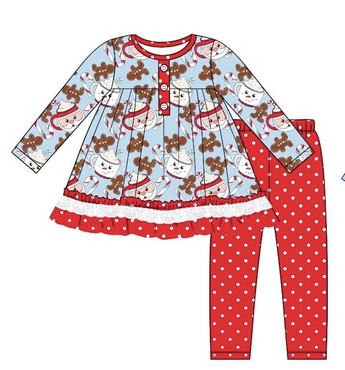 (Pre-order)GLP2162 Gingerbread Milk Candy Tunic Top Dots Pants Girls Christmas Clothes Set