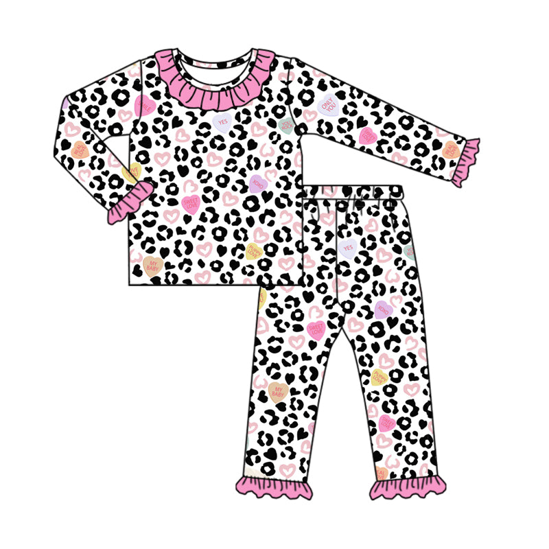 (Pre-order)GLP2169 Heart Leopard Print Girls Valentine's Day Pajamas Clothes Set
