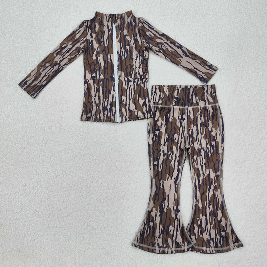 GLP2171  Camo Print Zipper Jackets Top Bell Pants Girls Yoga Clothes Set