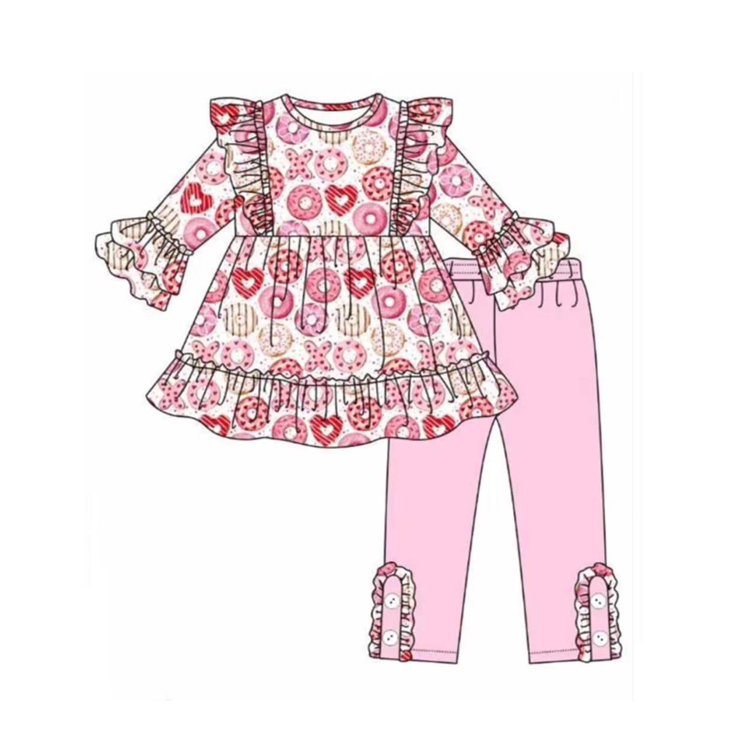 (Pre-order)GLP2183 Donut XO Tunic Top Pink Pants Girls Valentine's Day Clothes Set