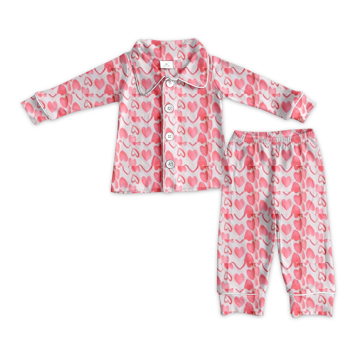(Pre-order)GLP2185 Pink Heart Print Girls Valentine's Day Buttons Pajamas Clothes Set