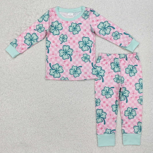 GLP2192 Leaf Pink Plaid Print Girls St. Patrick's Day Pajamas Clothes Set