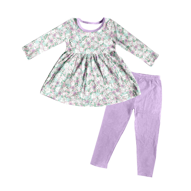 (Pre-order)GLP2207 Flowers Tunic Top Purple Pants Girls Clothes Set