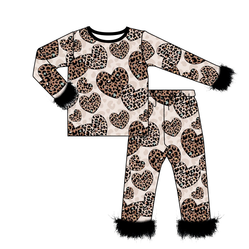 (Pre-order)GLP2216 Heart Leopard Print Girls Valentine's Day Pajamas Clothes Set