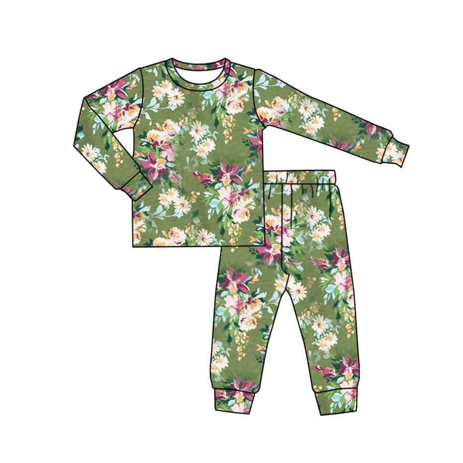 (Pre-order)GLP2221 Flowers Green Print Girls Pajamas Clothes Set