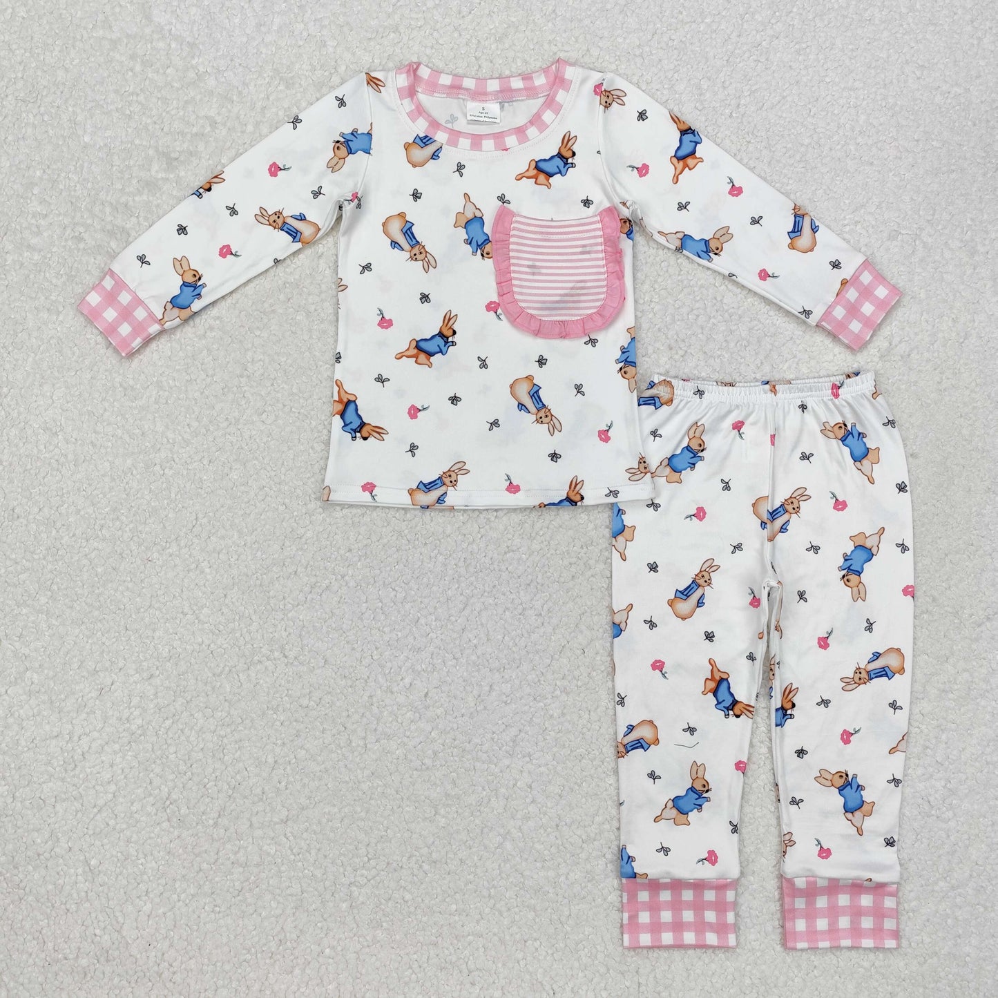GLP2226 Bunny Pink Plaid Print Girls Easter Pajamas Clothes Set