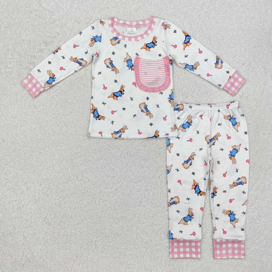 GLP2226 Bunny Pink Plaid Print Girls Easter Pajamas Clothes Set