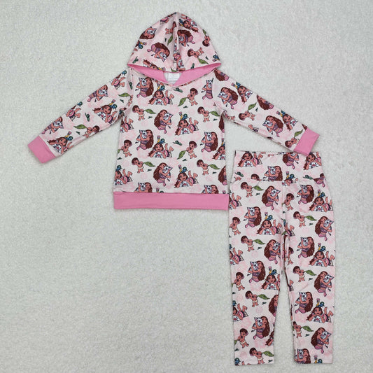 GLP2233 Pink Cartoon Princess Pig Print Girls Hoodie Clothes Set