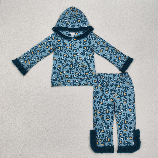 GLP2239 Leopard Blue Print Girls Hoodie Ruffle Clothes Set