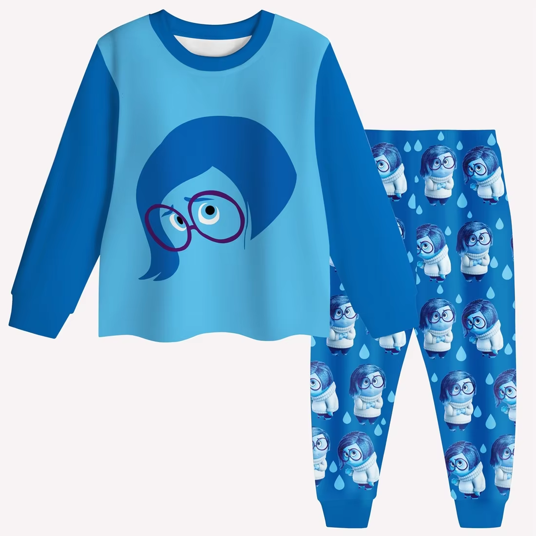 (Custom Design Preorder MOQ 5) Cartoon Figure Inside Out Blue Print Kids Pajamas Clothes Set