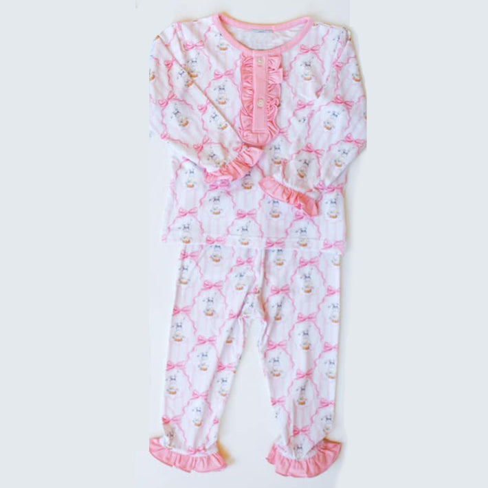(Pre-order)GLP2265 Bunny Bows Print Girls Easter Pajamas Clothes Set