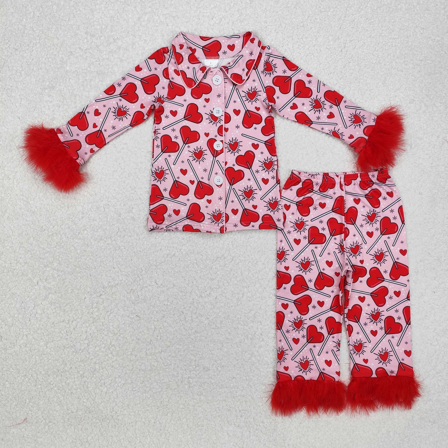 GLP2266 Heart Print Girls Valentine's Day Buttons Fur Pajamas Clothes Set