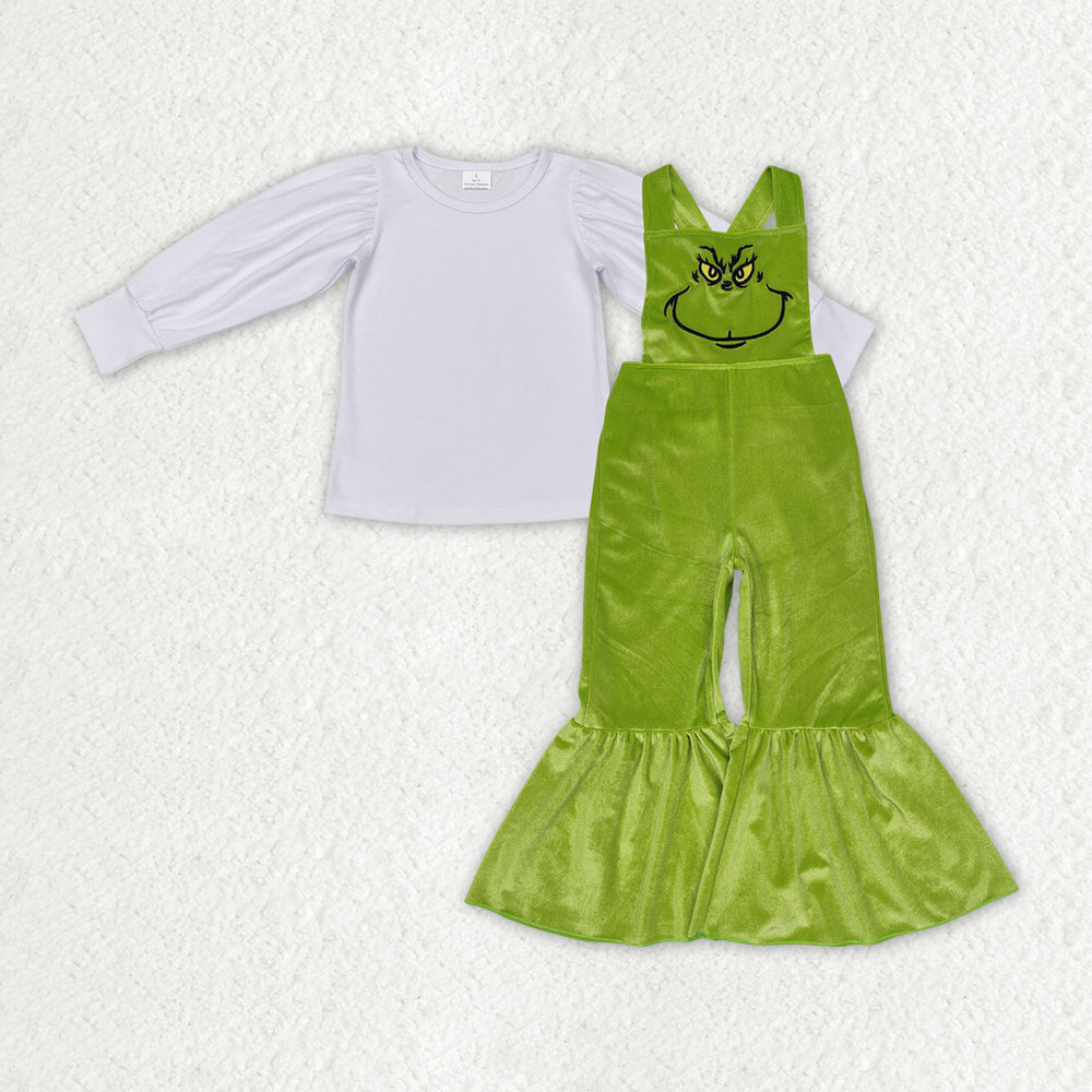 GLP2277 White Top Green Frog Face Embroidery Velvet Jumpsuits Girls Christmas Clothes Set