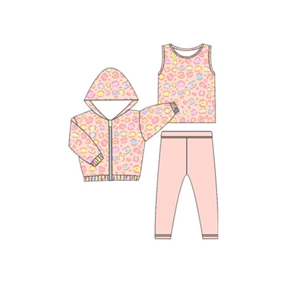 (Pre-order)GLP2310 Colorful Leopard Top Pink Pants Hoodie Jackets Girls 3 Pieces Clothes Set