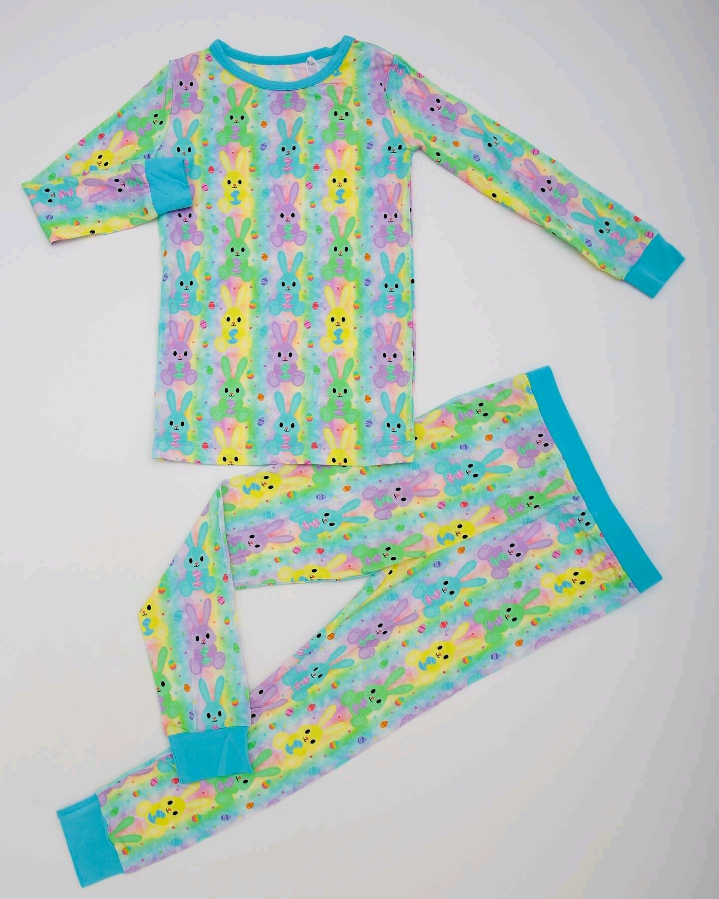 (Pre-order)GLP2326 Colorful Bunny Eggs Print Girls Easter Pajamas Clothes Set