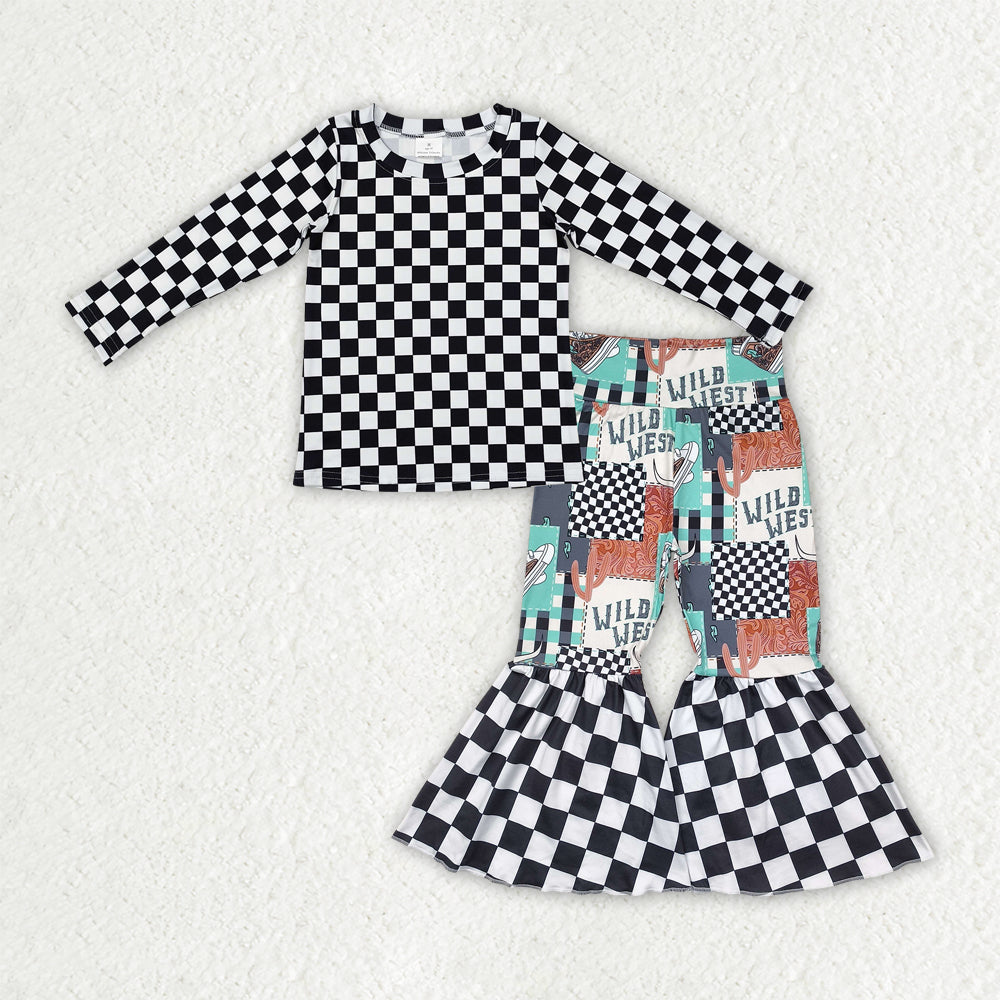 GLP2334 Black Plaid Top WILD WEST Bell Pants Girls Western Clothes Set