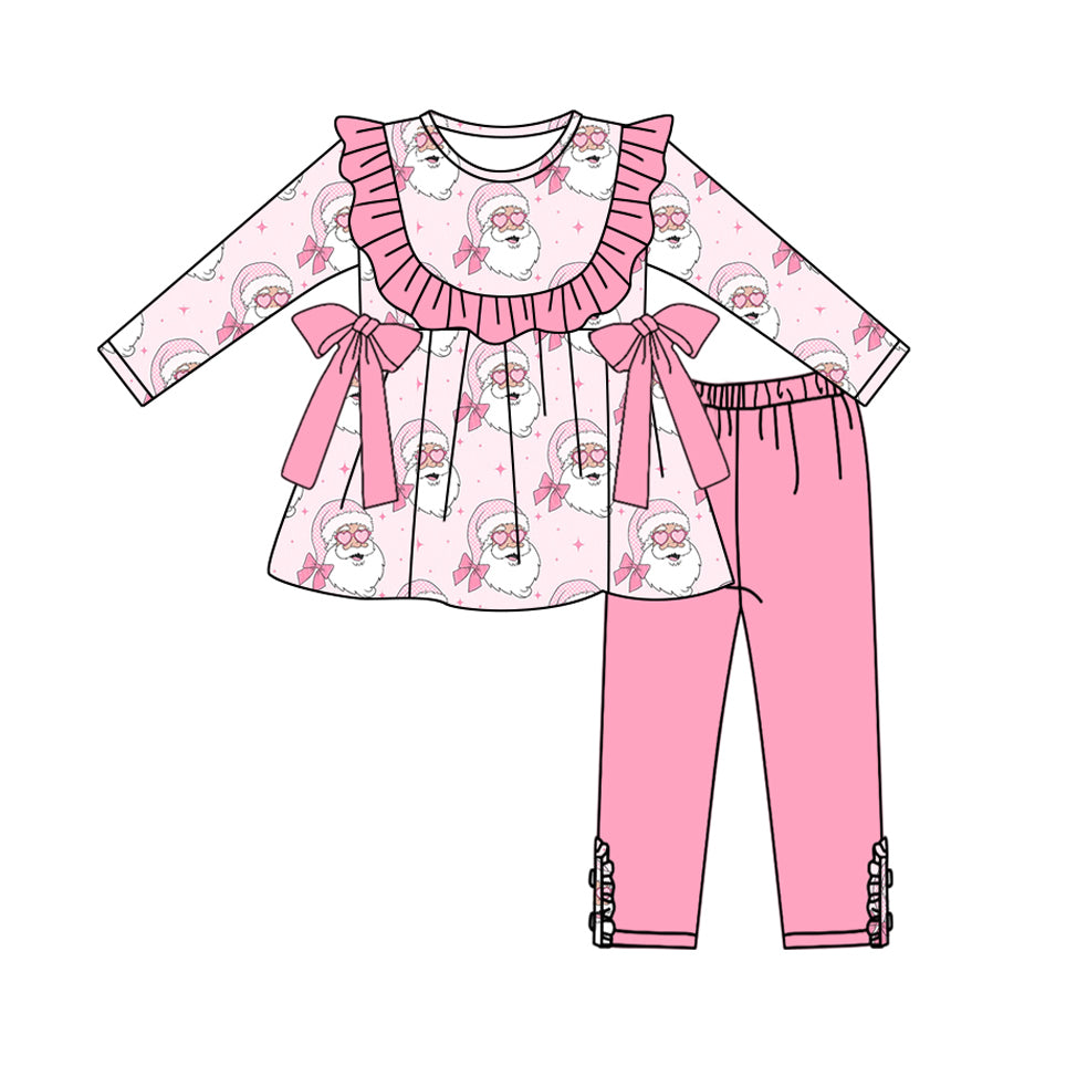 (Pre-order)GLP2336 Santa Bows Tunic Top Pink Legging Pants Girls Christmas Clothes Set