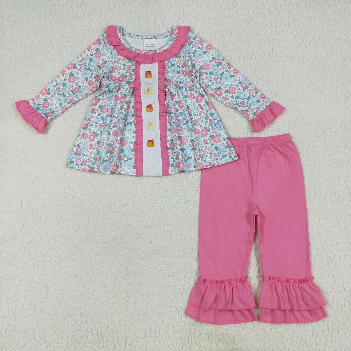 Turkey Pumpkin Embroidery Flowers Print Girls Thanksgiving Clothes Sisters Matching Wear