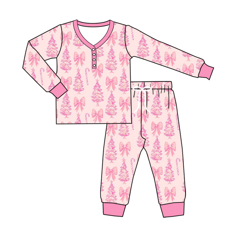 (Pre-order)GLP2357 Adult Tree Bows Pink Print Woman Christmas Pajamas Clothes Set