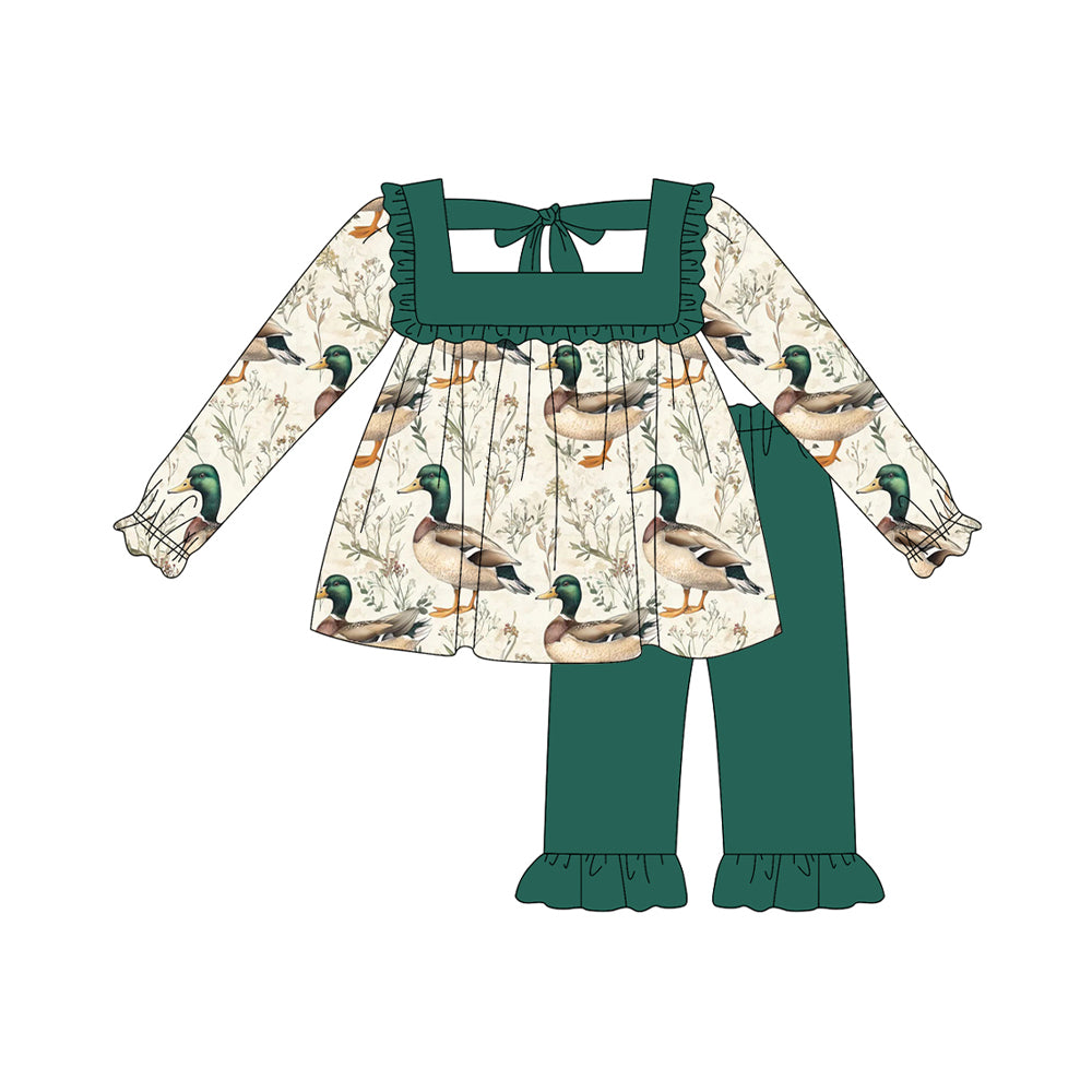 (Pre-order)GLP2360 Duck Tunic Top Green Pants Girls Fall Clothes Set
