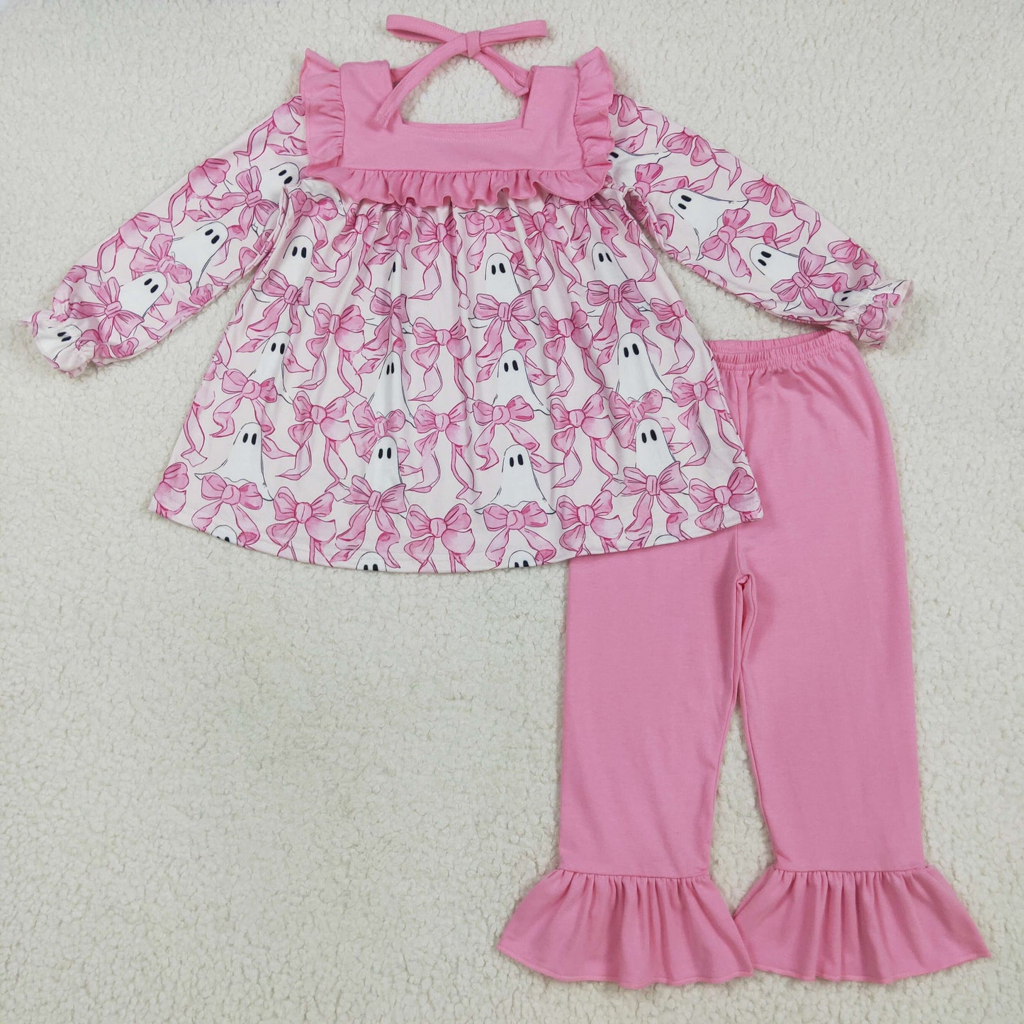 GLP2362 Bows Ghost Tunic Top Pink Pants Girls Halloween Clothes Set