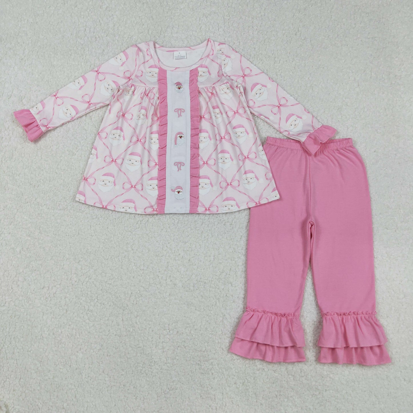 GLP2364 Santa Bows Embroidery Tunic Top Pink Pants Girls Christmas Clothes Set