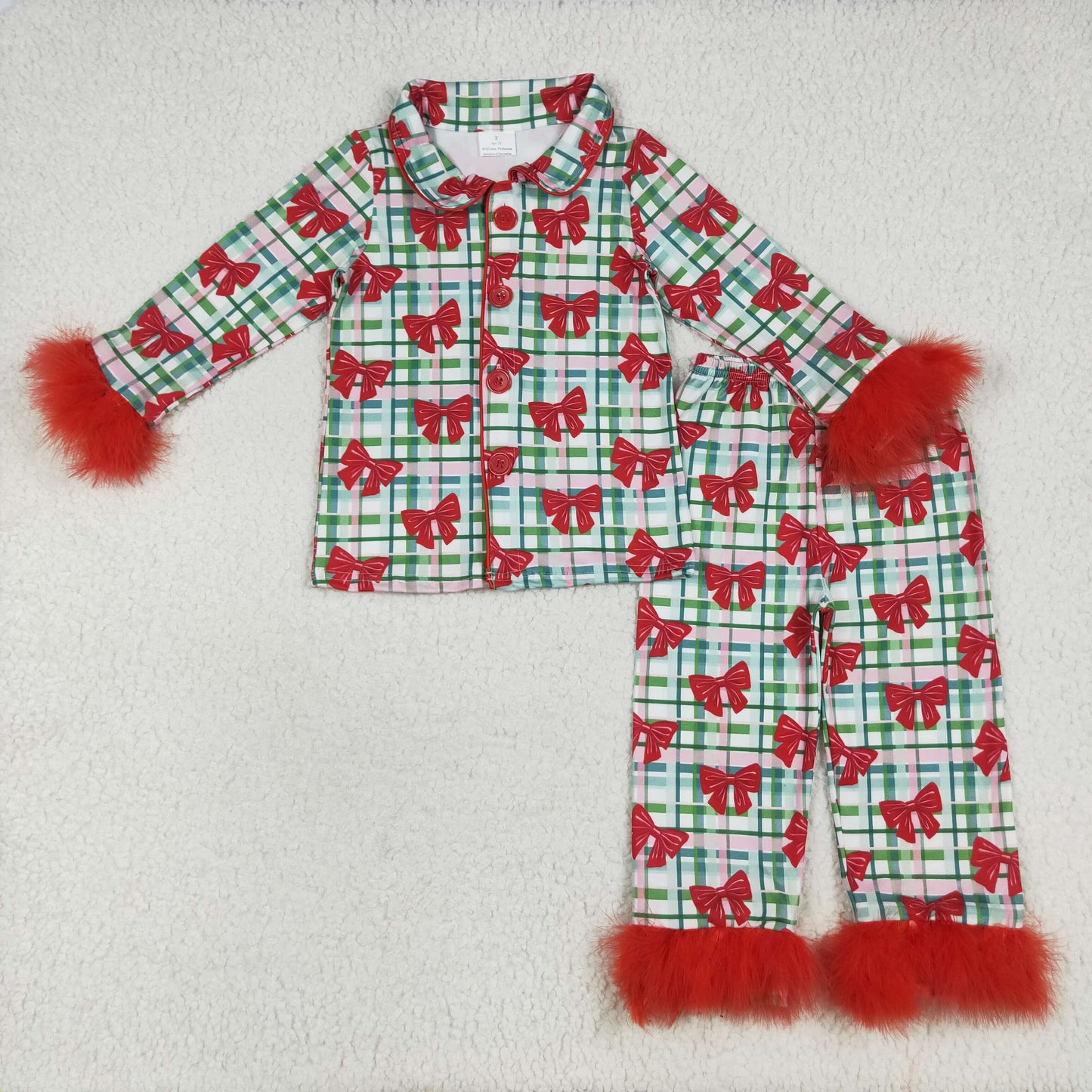 GLP2372 Red Bows Green Plaid Print Girls Christmas Buttons Fur Pajamas Clothes Set