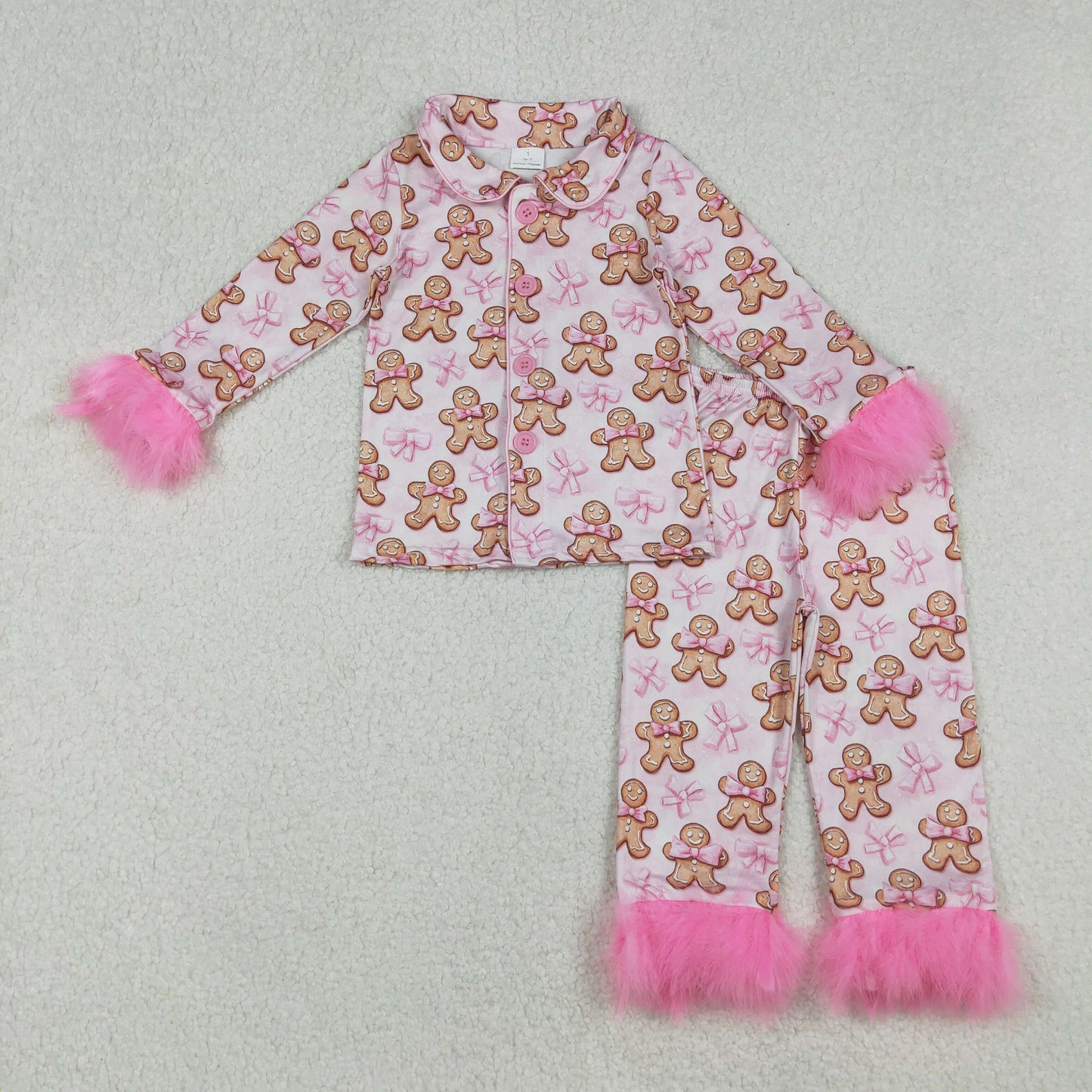 GLP2374 Gingerbread Pink Bows Print Girls Christmas Buttons Fur Pajamas Clothes Set