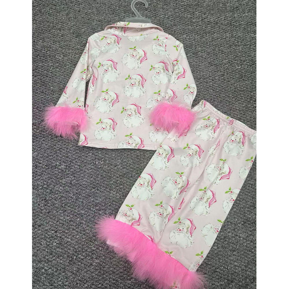 GLP2376 Santa Holly Pink Print Girls Christmas Buttons Fur Pajamas Clothes Set