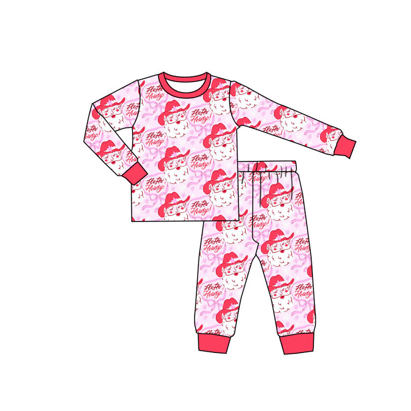 (Pre-order)GLP2384 Howdy Santa Pink Print Girls Christmas Pajamas Clothes Set