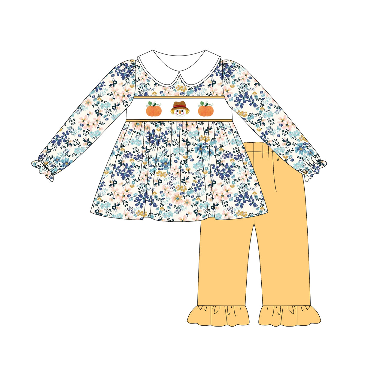 (Pre-order)GLP2387 Pumpkin Flowers Tunic Top Yellow Pants Girls Fall Clothes Set