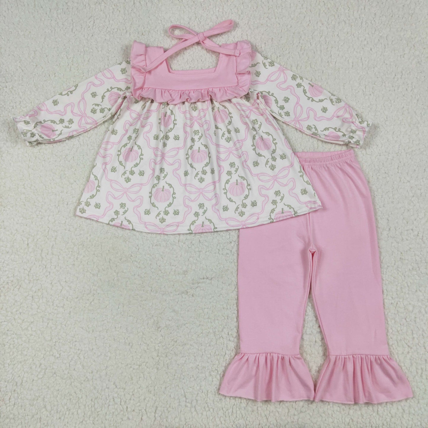 Pumpkin Bows Print Girls Fall Clothes Sisters Matching Wear