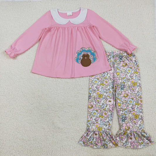 GLP2409 Turkey Embroidery Pink Tunic Top Flowers Pants Girls Thanksgiving Clothes Set