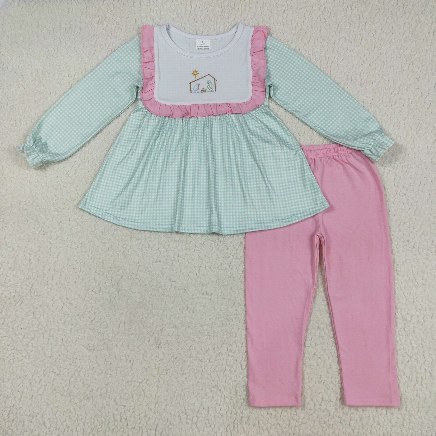 Nativity Embroidery Plaid Print Girls Christmas Clothes Sisters Matching Wear