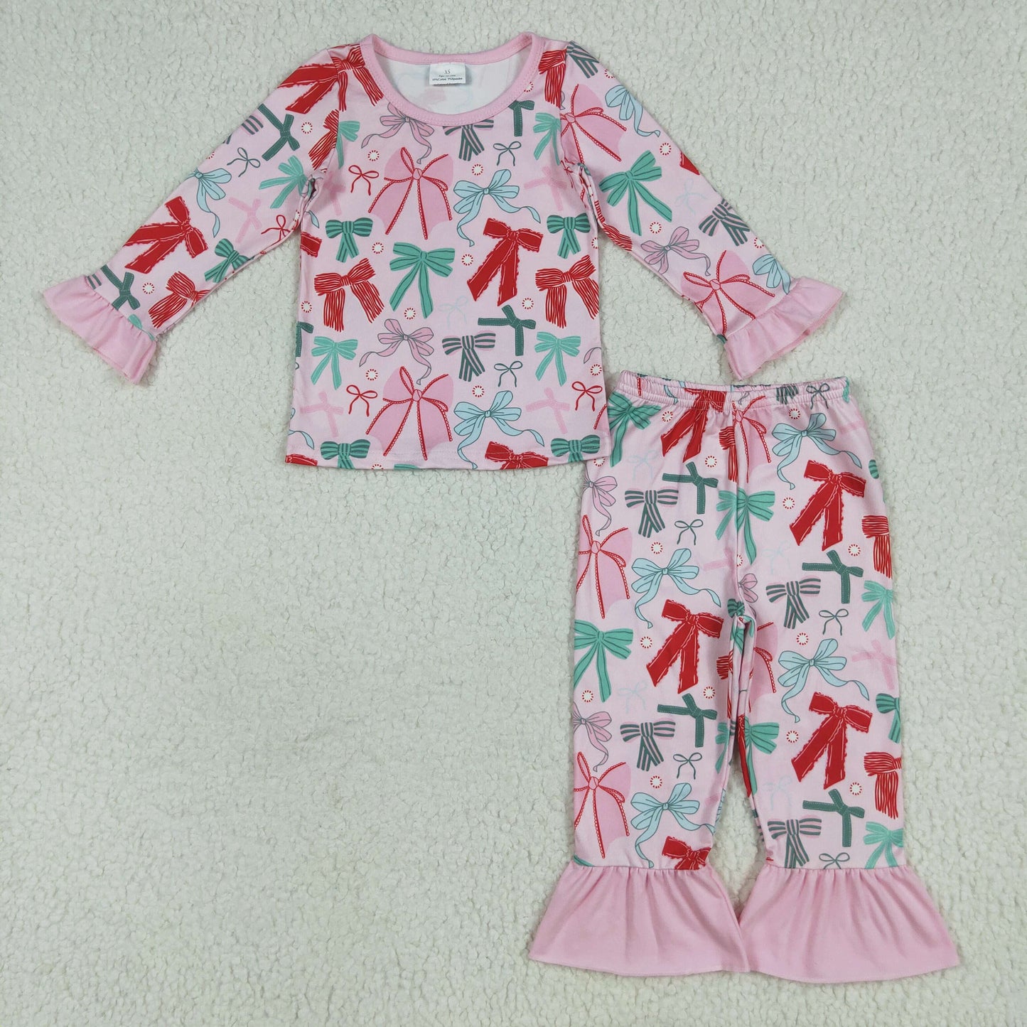 GLP2413 Red Green Bows Print Girls Christmas Pajamas Clothes Set