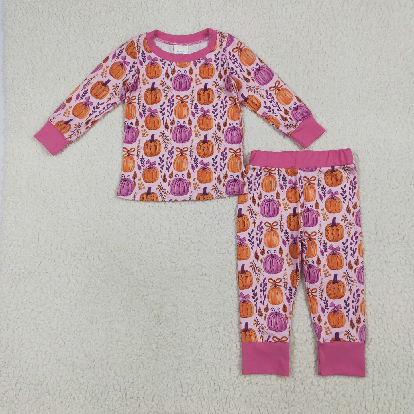 Pumpkin Bows Print Girls Fall Pajamas Matching Clothes