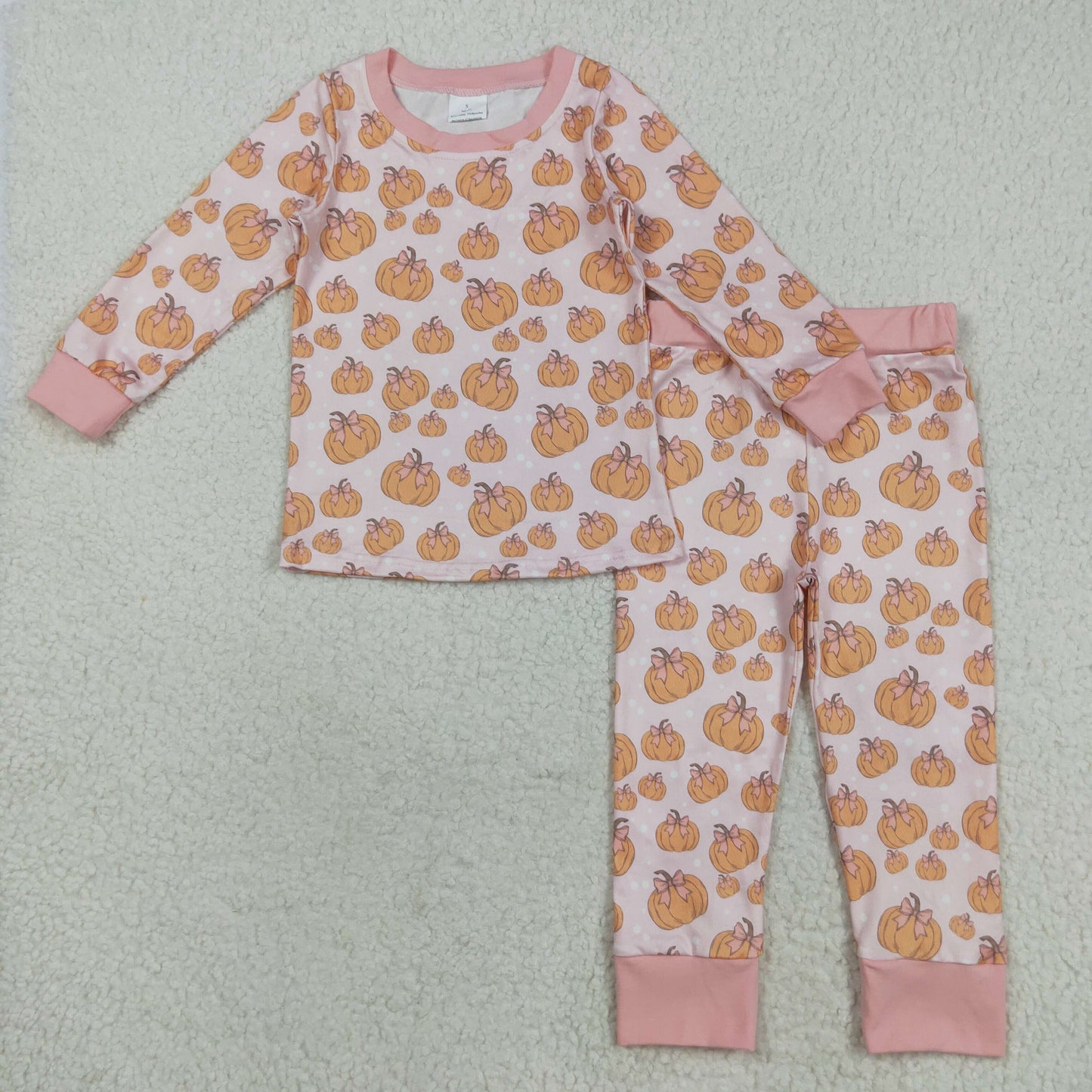 Pumpkin Pink Bows Print Girls Fall Pajamas Matching Clothes