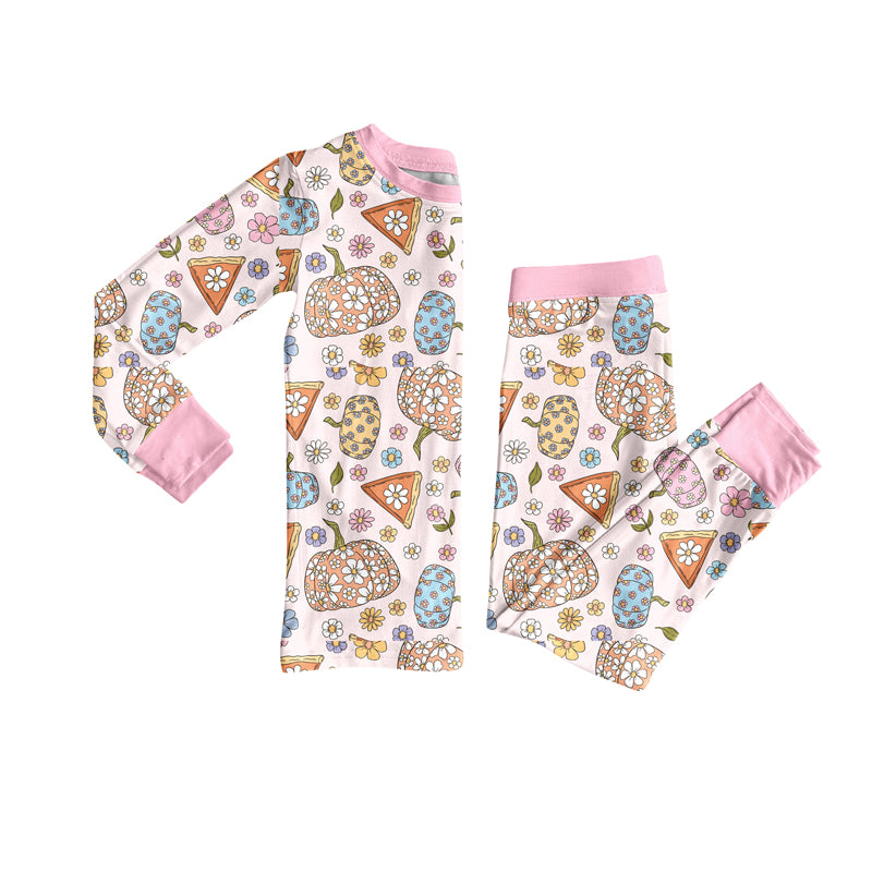 (Pre-order)GLP2417 Pumpkin Flowers Print Girls Fall Pajamas Clothes Set