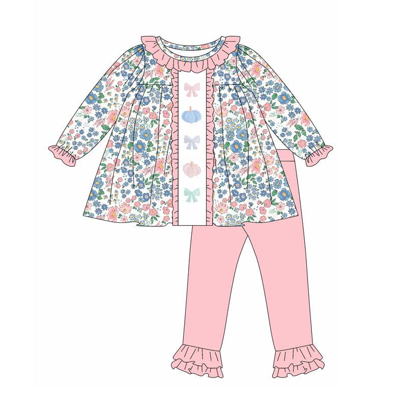 (Pre-order)GLP2418 Pumpkin Flowers Tunic Top Pink Pants Girls Fall Clothes Set