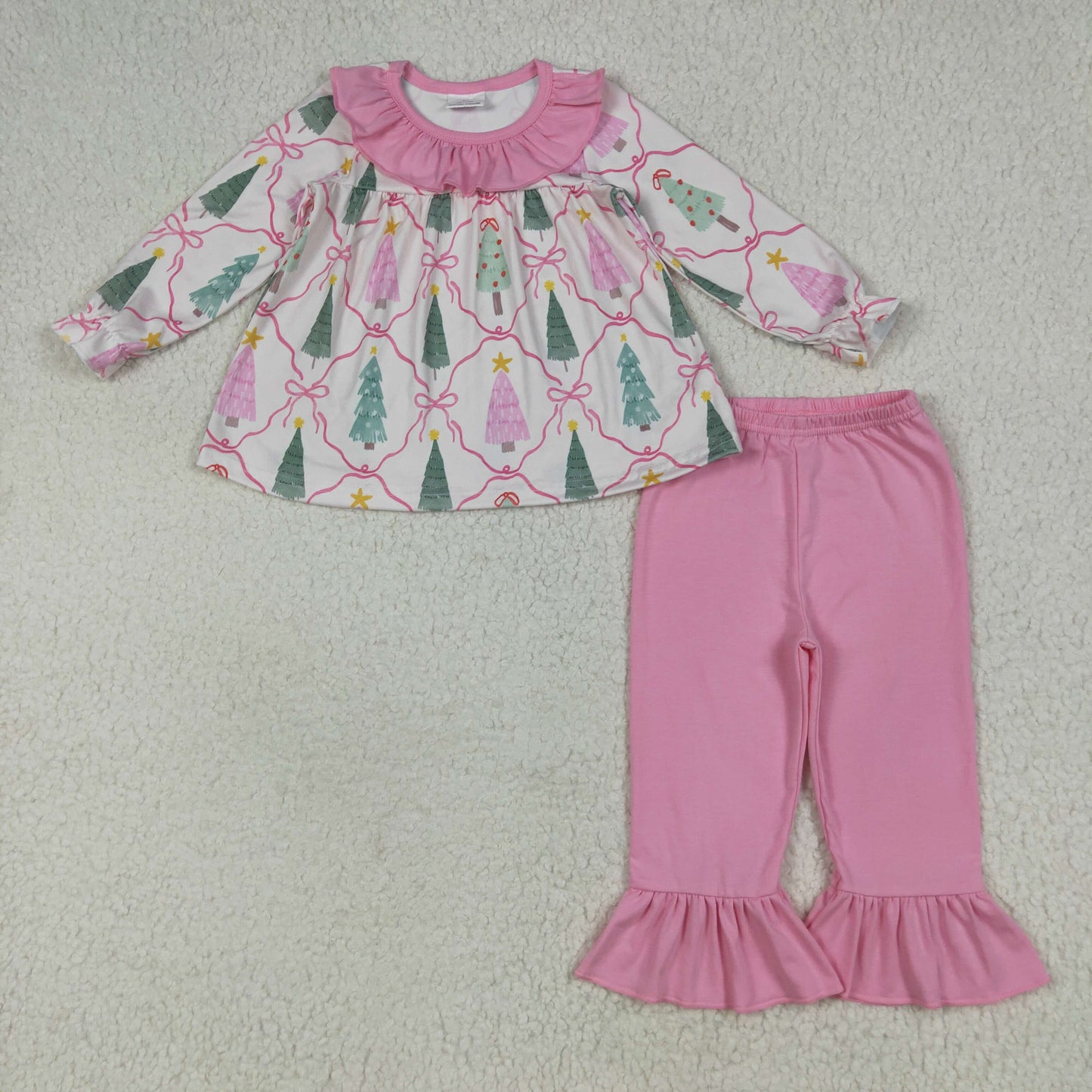 Tree Bows Print Girls Christmas Clothes Sisters Matching Wear