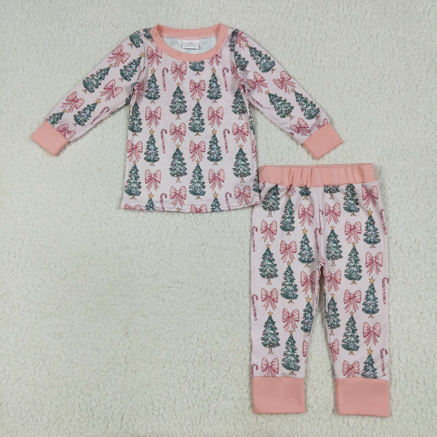 GLP2423 Tree Bows Pink Print Girls Christmas Pajamas Clothes Set