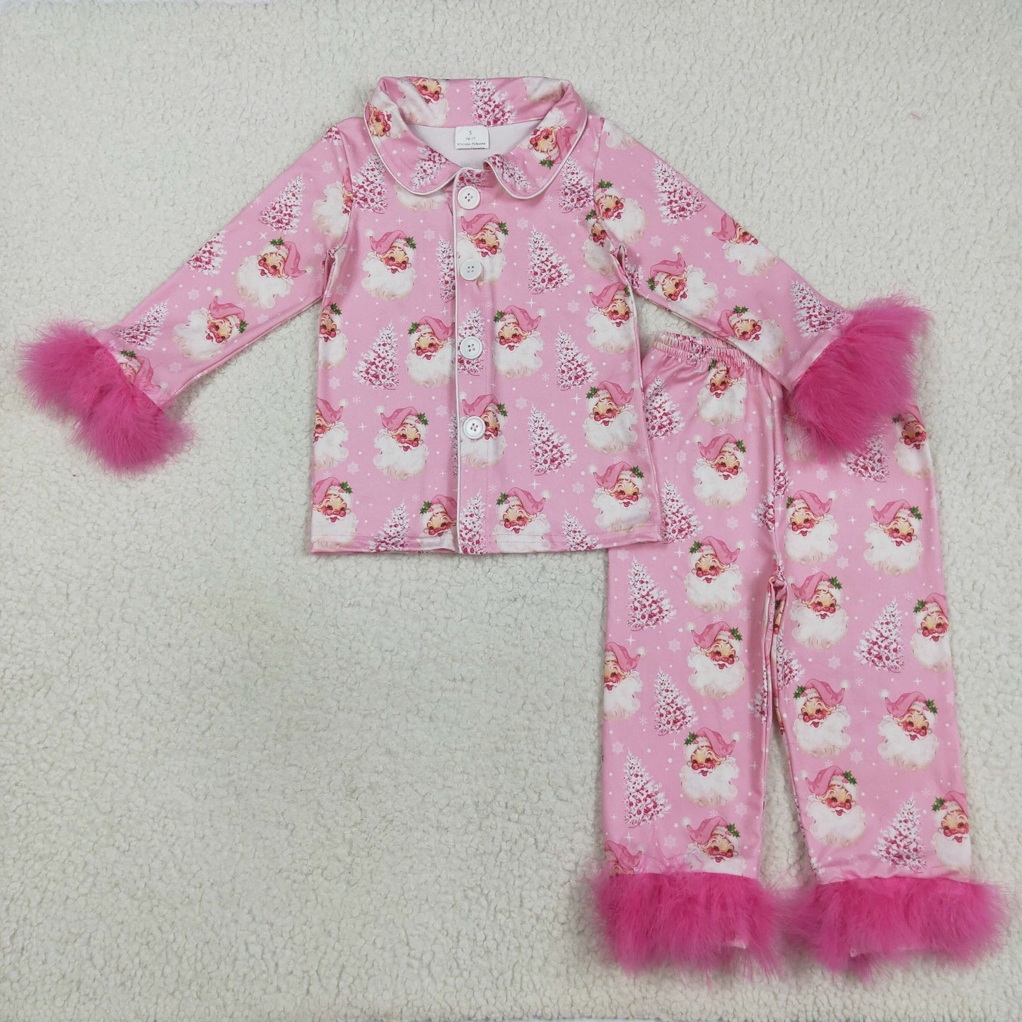 GLP2424 Pink Santa Print Girls Christmas Buttons Fur Pajamas Clothes Set