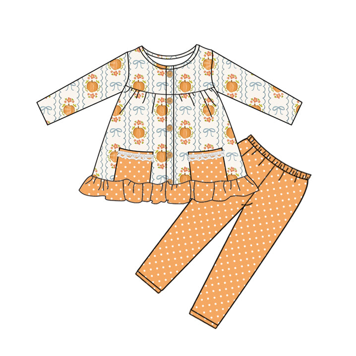 (Pre-order)GLP2426 Pumpkin Flowers Bows Tunic Top Orange Dots Pants Girls Fall Clothes Set