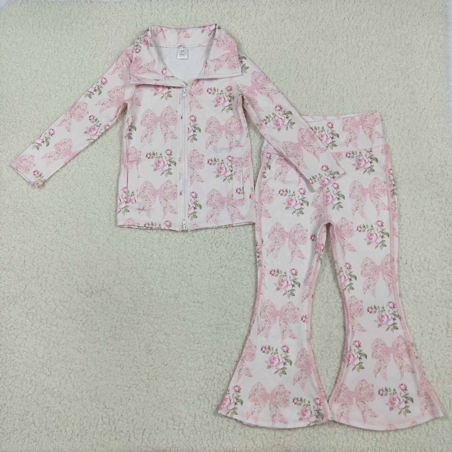 GLP2429 Flowers Bows Pink Zipper Top Bell Pants Girls Yoga Clothes Set