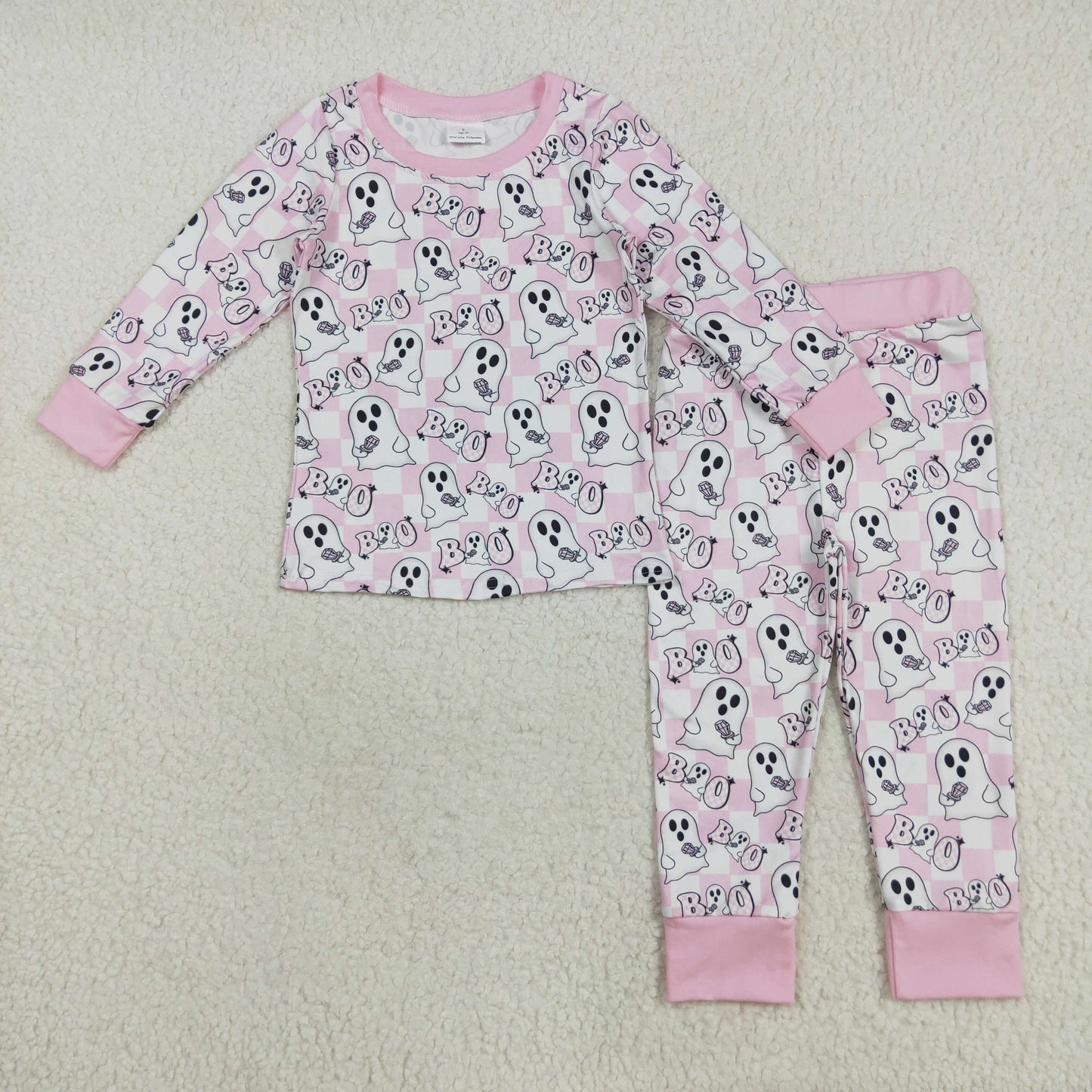 GLP2433 Ghost BOO Plaid Print Girls Halloween Pajamas Clothes Set